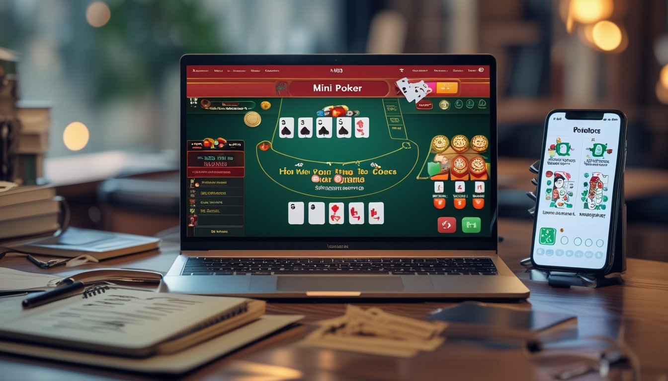 Sebuah meja dengan laptop yang menampilkan permainan Mini Poker online, dikelilingi oleh catatan dan ponsel yang menunjukkan panduan bermain.