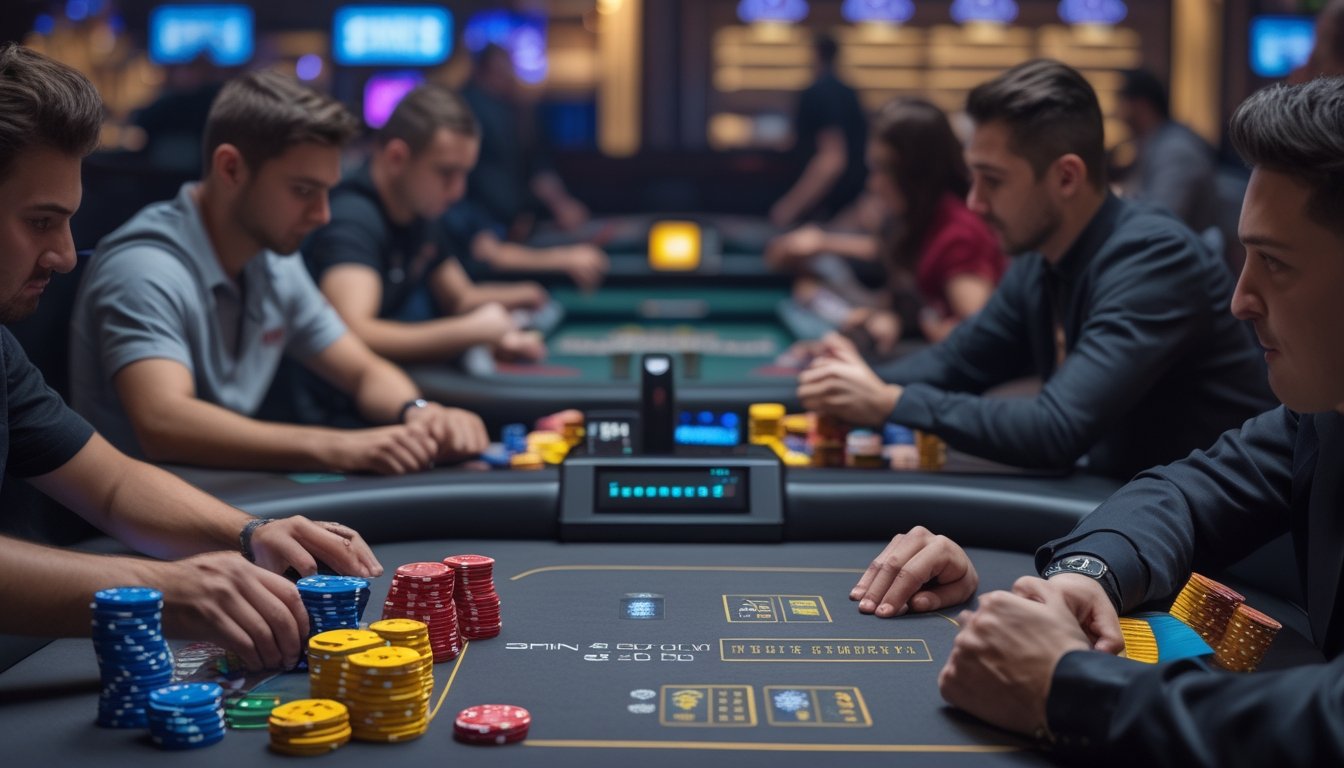 Meja poker dengan dua area berbeda, satu untuk permainan Spin & Go dengan tiga pemain dan satu untuk turnamen poker biasa dengan banyak pemain, tumpukan chip dan suasana kasino.