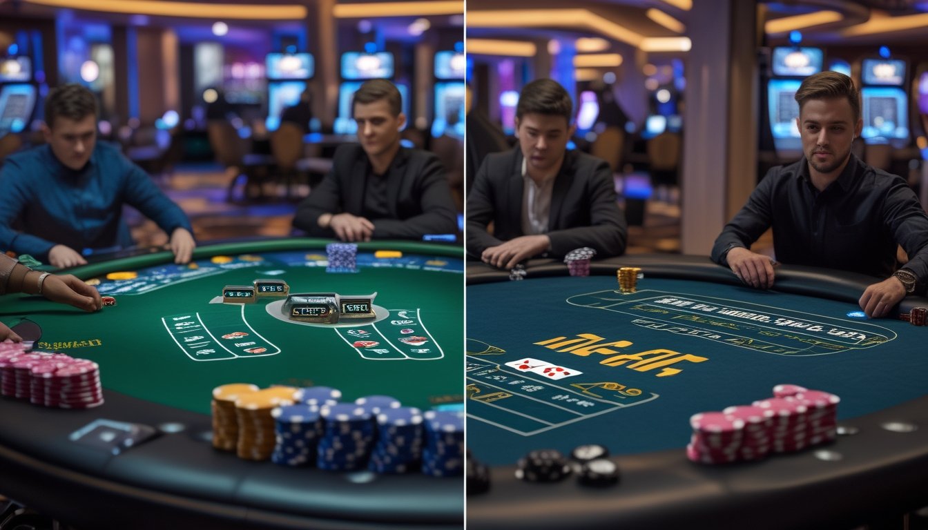Dua meja poker berdampingan dengan pemain yang fokus, satu meja untuk Spin & Go Poker yang cepat dan satu meja untuk turnamen poker tradisional yang lebih besar.