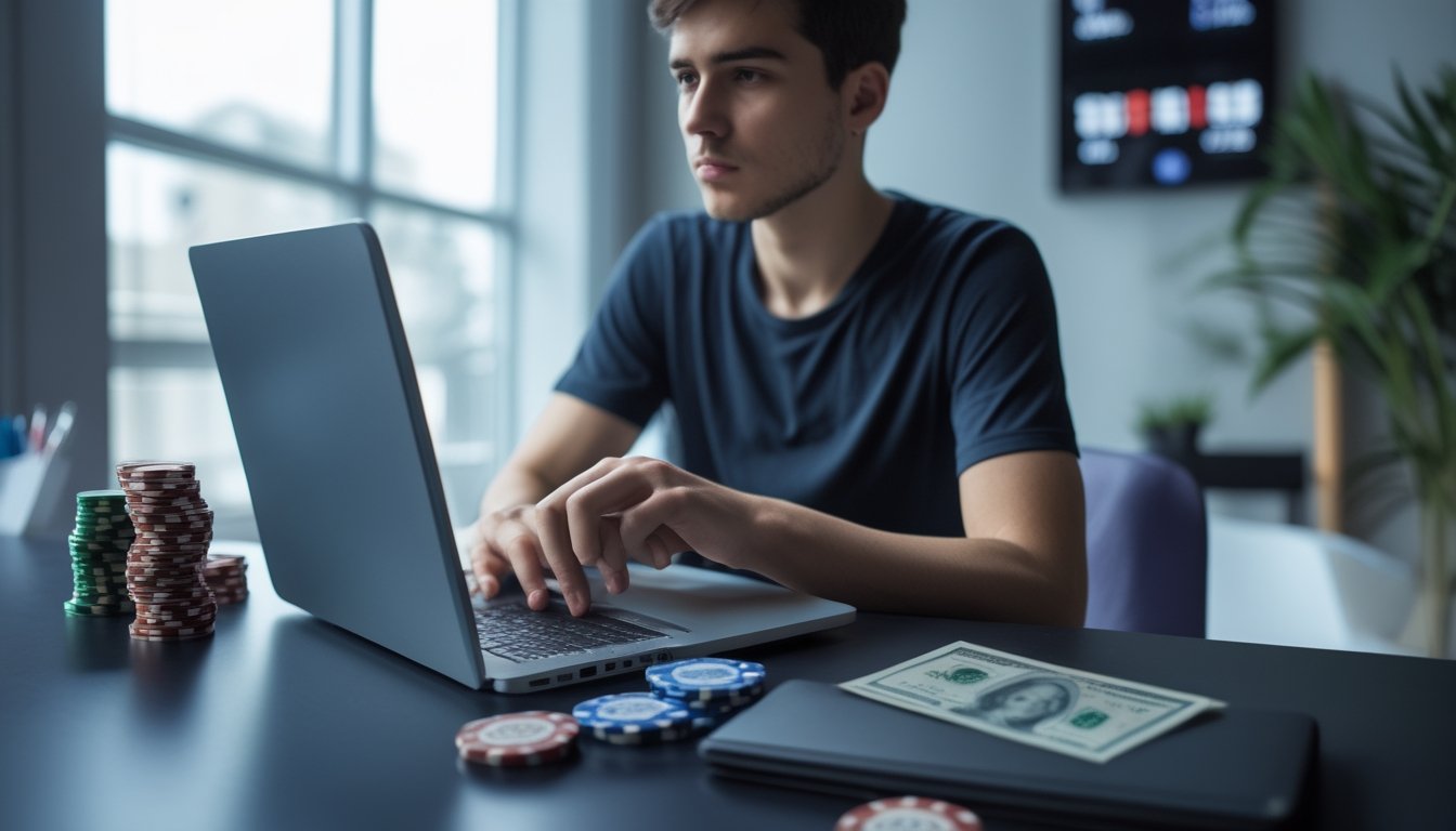 Seorang dewasa muda fokus bermain poker Spin & Go online di laptop dengan chip poker dan uang di meja, terlihat sedang mengelola modal dengan hati-hati.
