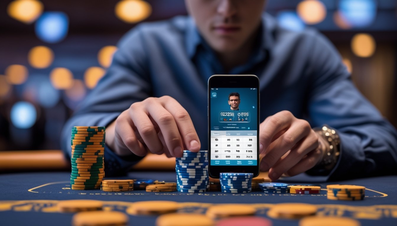 Seorang pemain muda fokus mengelola chip poker di meja kasino dengan latar belakang suasana kasino yang samar.