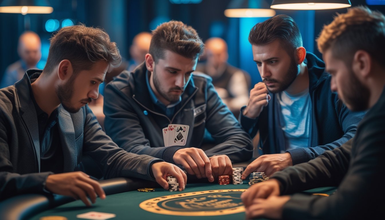 Tiga pemain poker sedang bermain di meja dengan kartu dan chip poker, tampak serius dan fokus.