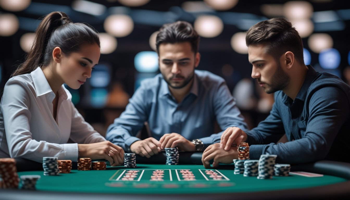Tiga pemain poker serius duduk mengelilingi meja poker dengan tumpukan chip di kasino.