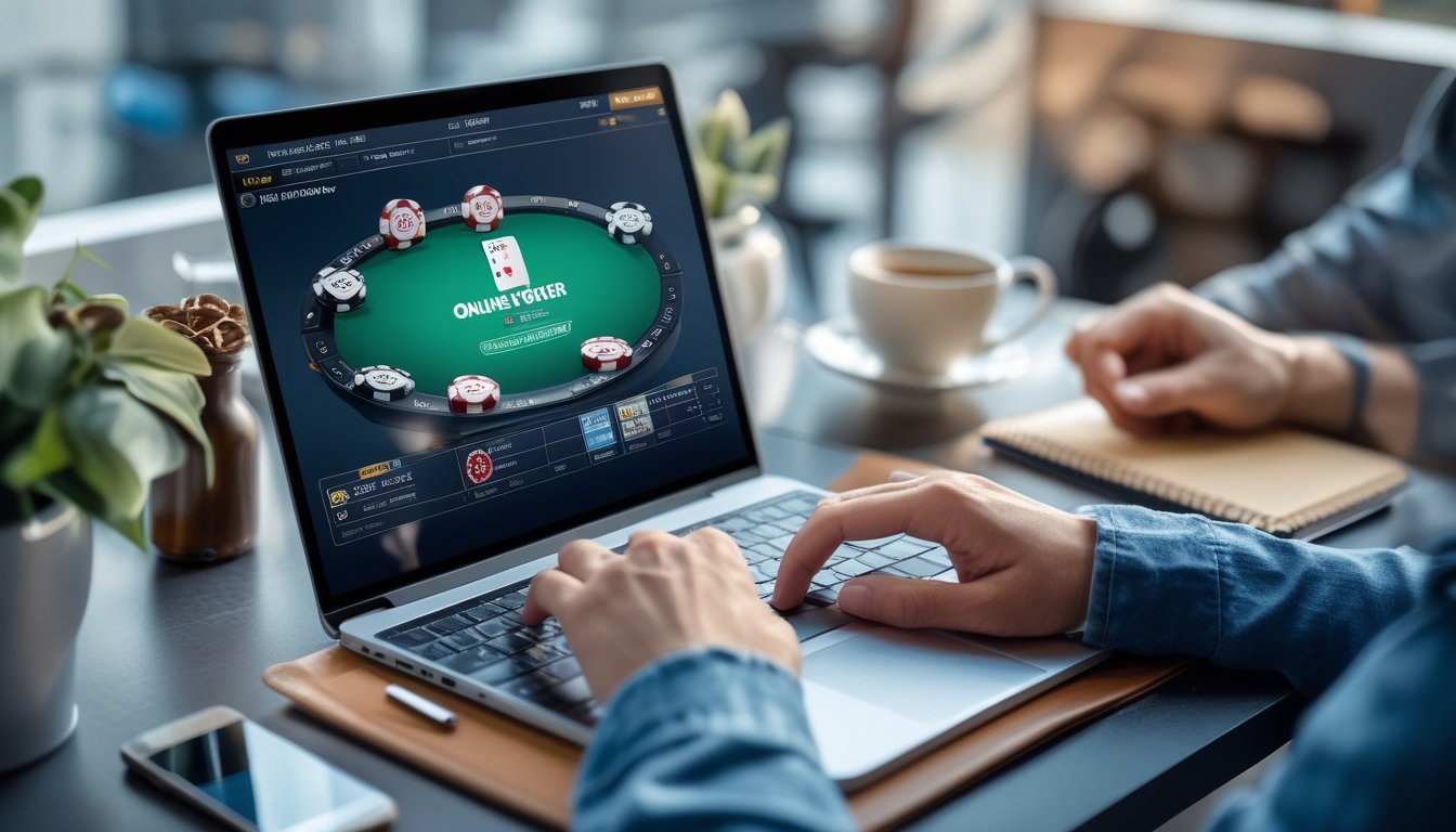 Tangan seseorang menggunakan komputer dengan tampilan permainan poker online di layar, di atas meja yang rapi dengan cangkir kopi dan ponsel.