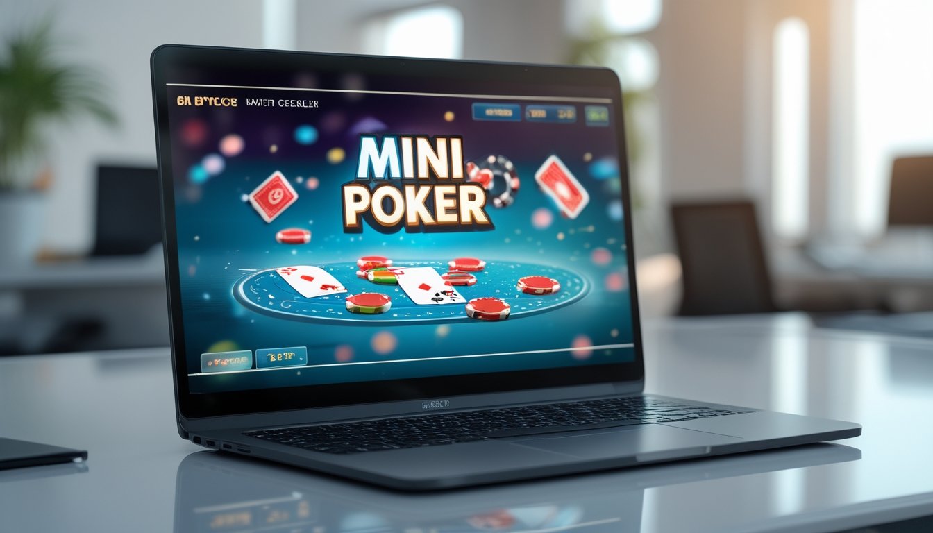 Seorang pengguna sedang bermain mini poker online di depan komputer di ruang kerja yang rapi dan terang.