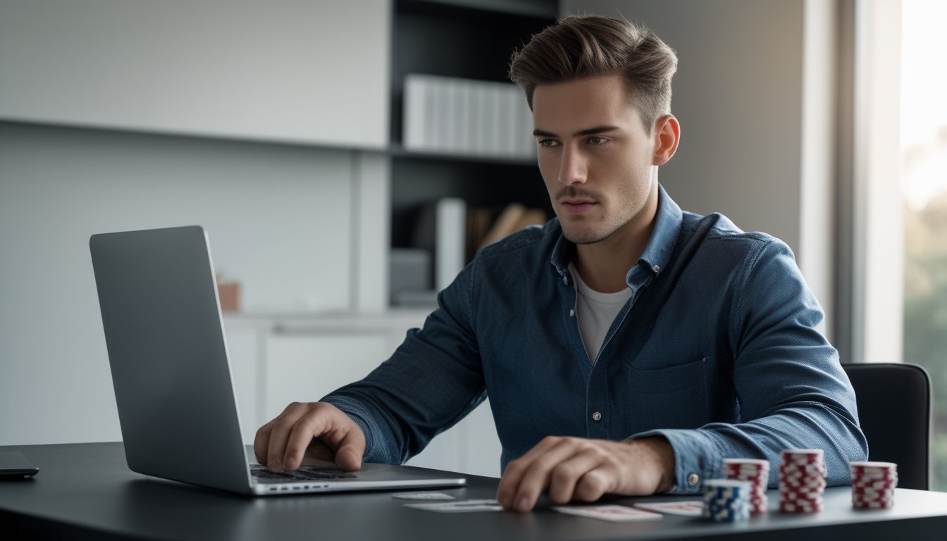Seorang pria muda duduk di meja modern bermain mini poker online dengan ekspresi fokus dan percaya diri di ruang kerja yang terang dan rapi.