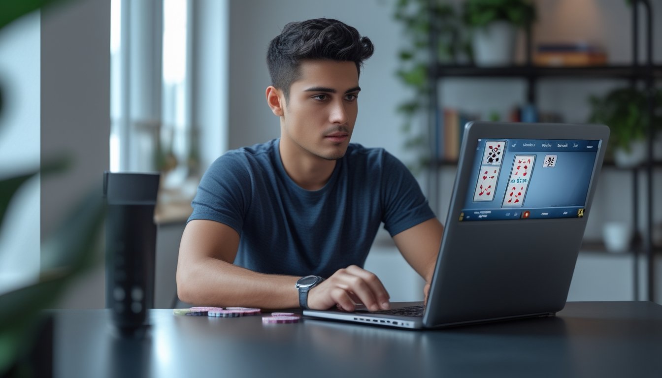 Seorang pria muda fokus bermain mini poker online di laptop di ruang kerja rumah yang rapi dan terang.