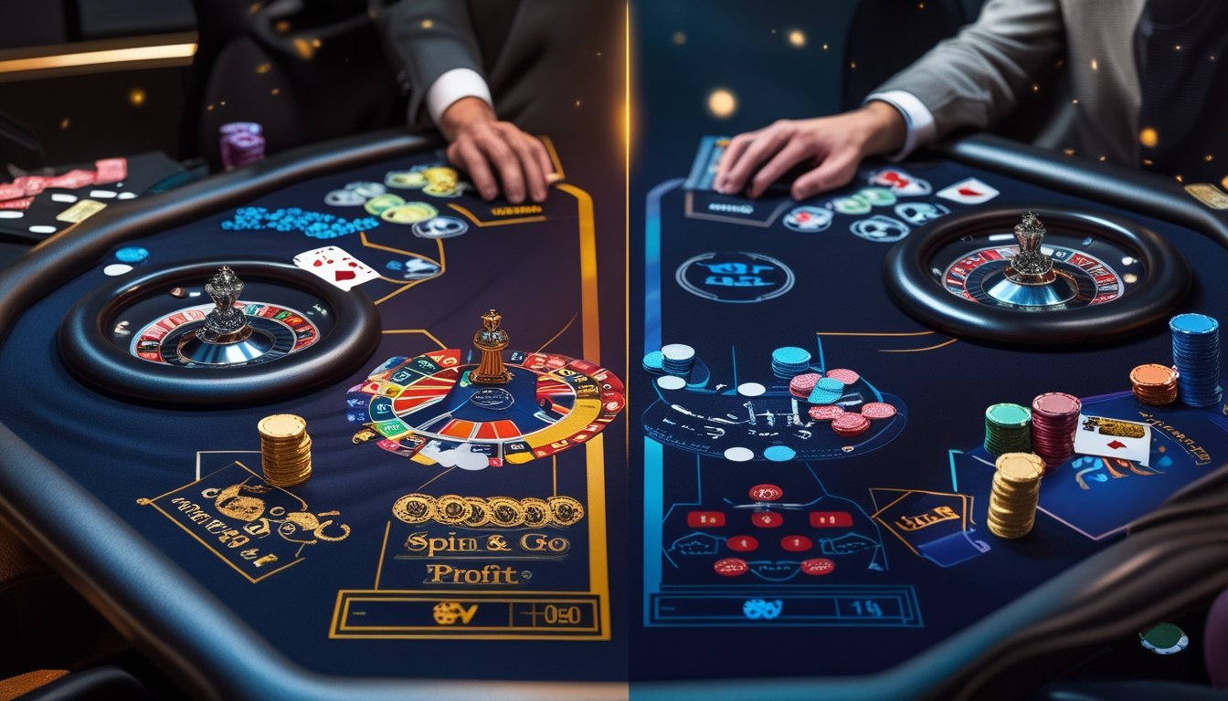 Meja poker dengan dua area permainan, satu dengan Spin & Go Poker yang berputar dan penuh warna, dan satu dengan Mini Poker yang lebih tradisional, di dalam suasana kasino modern.