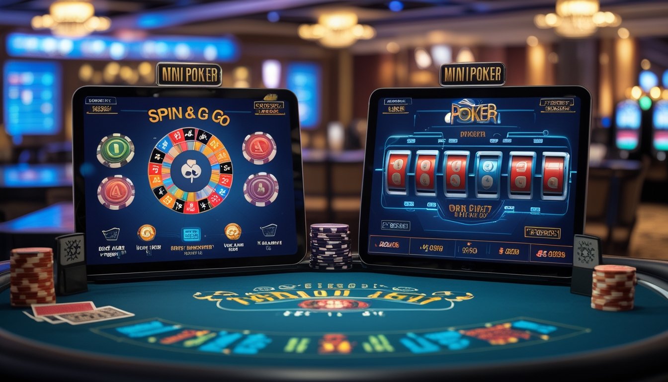 Meja kasino dengan dua area permainan poker yang berbeda, satu dengan layar digital dan chip berwarna, satu lagi dengan kartu dan chip klasik, menunjukkan perbandingan antara Spin & Go Poker dan Mini Poker.