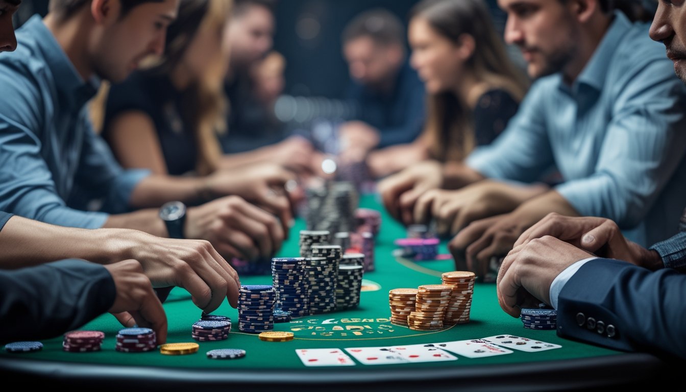 Beberapa orang bermain poker di meja dengan tumpukan chip dan kartu, fokus pada permainan Spin & Go.
