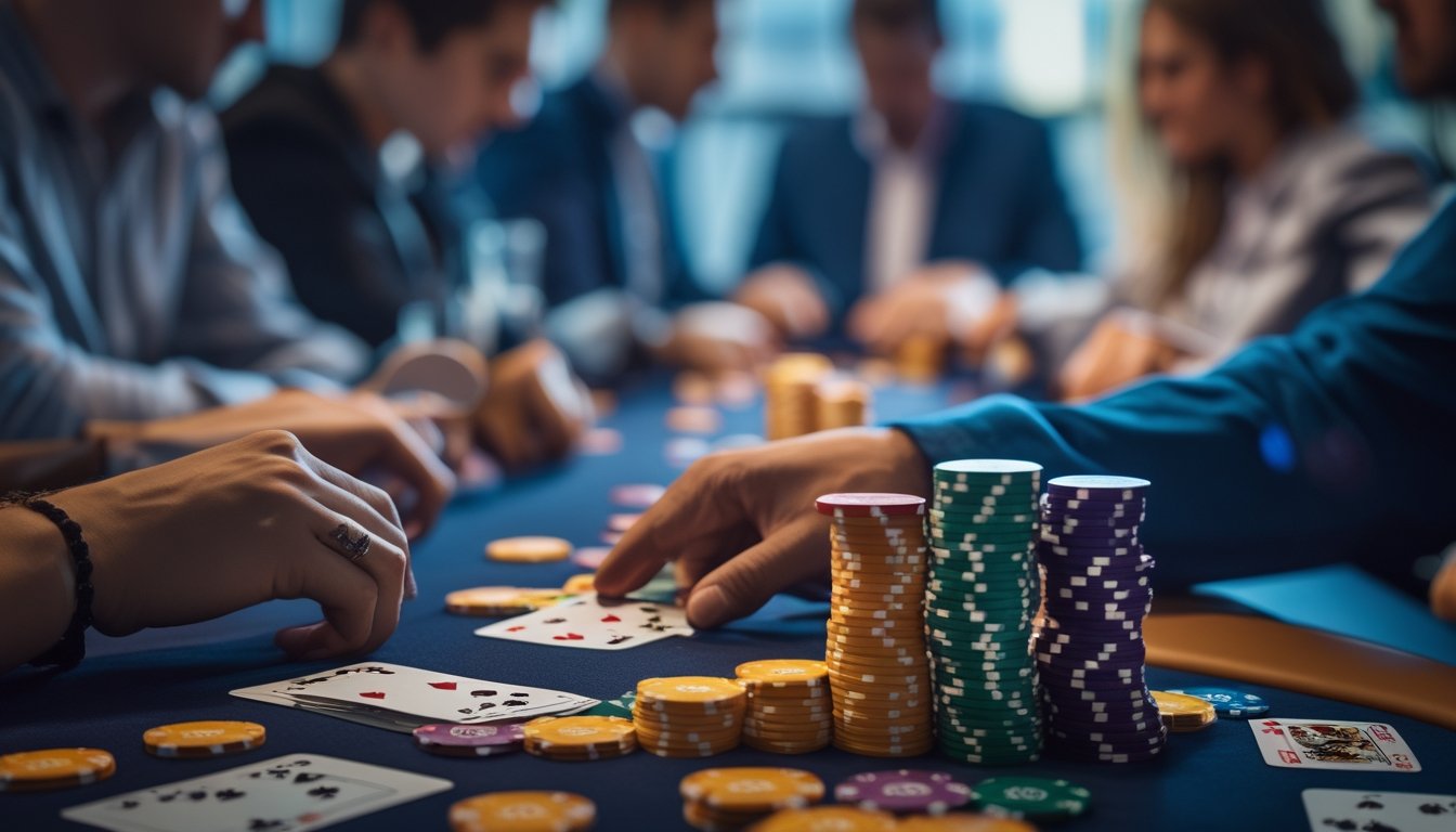 Meja poker dengan tumpukan chip dan kartu, dikelilingi oleh beberapa pemain yang sedang fokus bermain.