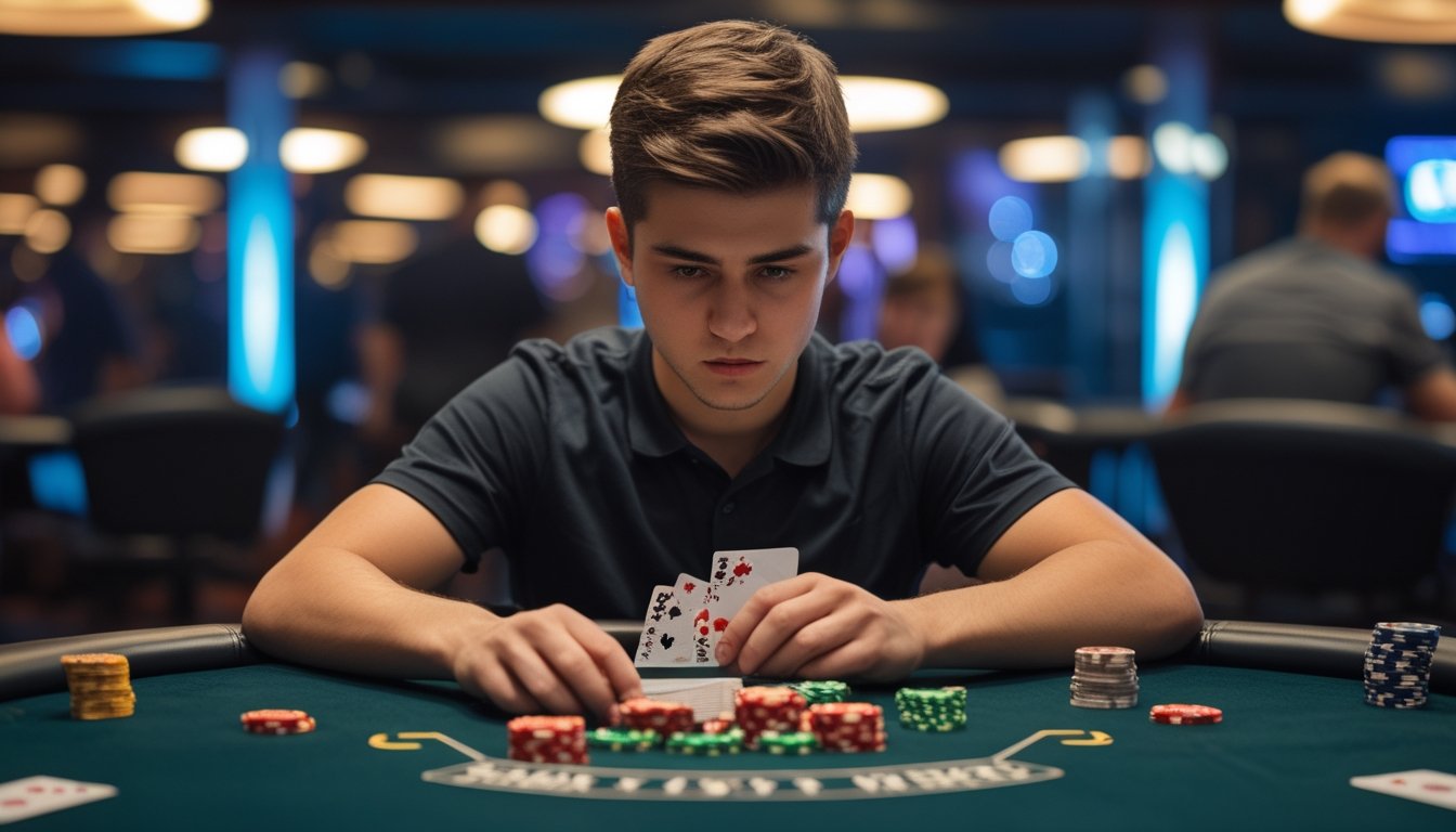 Seorang pemain poker muda sedang duduk di meja poker dengan tumpukan chip di depan dan memperhatikan kartu dengan serius.