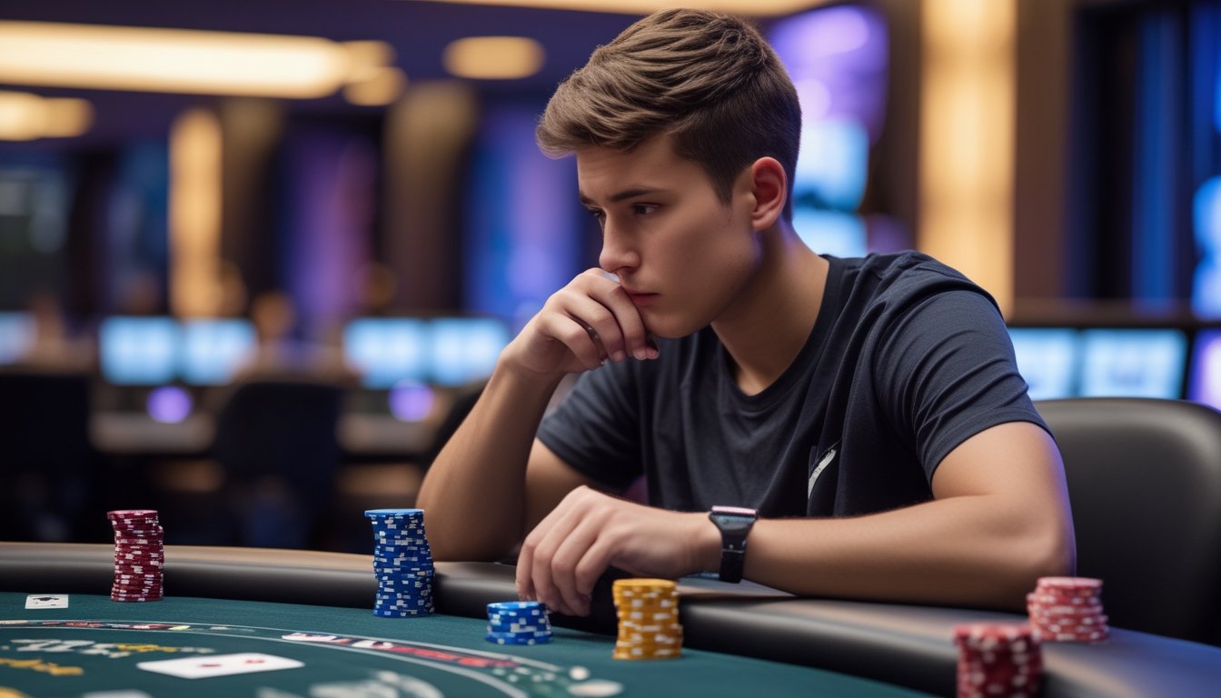 Seorang pemain poker muda yang fokus duduk di meja poker dengan tumpukan chip dan kartu bermain di depan, di dalam suasana kasino yang modern.