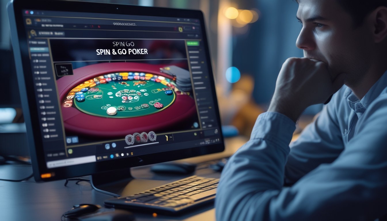 Seseorang sedang serius bermain poker online di depan layar komputer dengan tumpukan chip dan kartu poker terlihat.