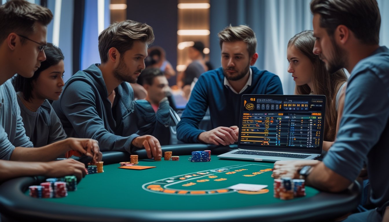 Beberapa pemain poker online sedang berkonsentrasi bermain di meja poker digital dengan kartu dan chip poker terlihat jelas.