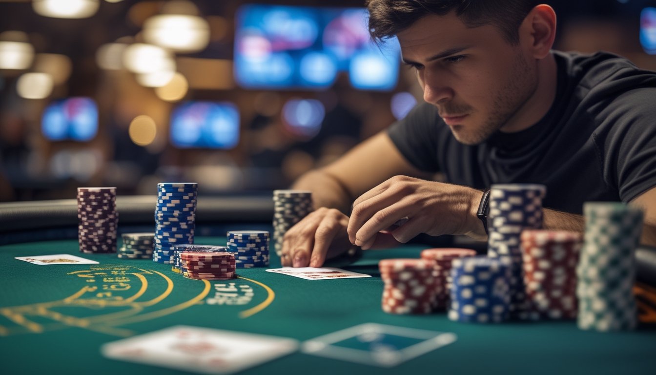 Seorang pemain poker yang fokus duduk di meja poker dengan kartu dan chip di depan, sedang menganalisis permainan Spin & Go.