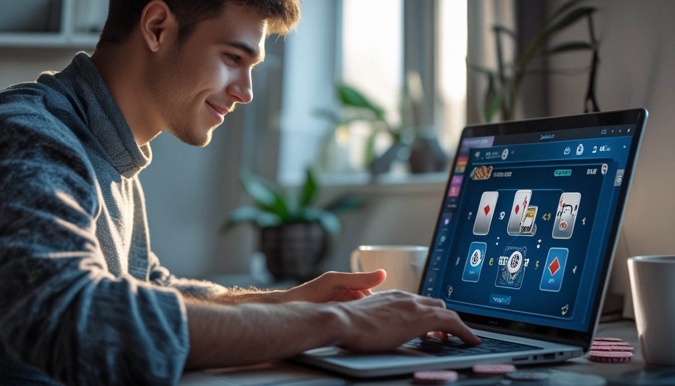 Seorang pria muda bermain poker Spin & Go online di depan laptop di ruang kerja rumah yang nyaman dengan tumpukan chip poker dan kartu di meja.