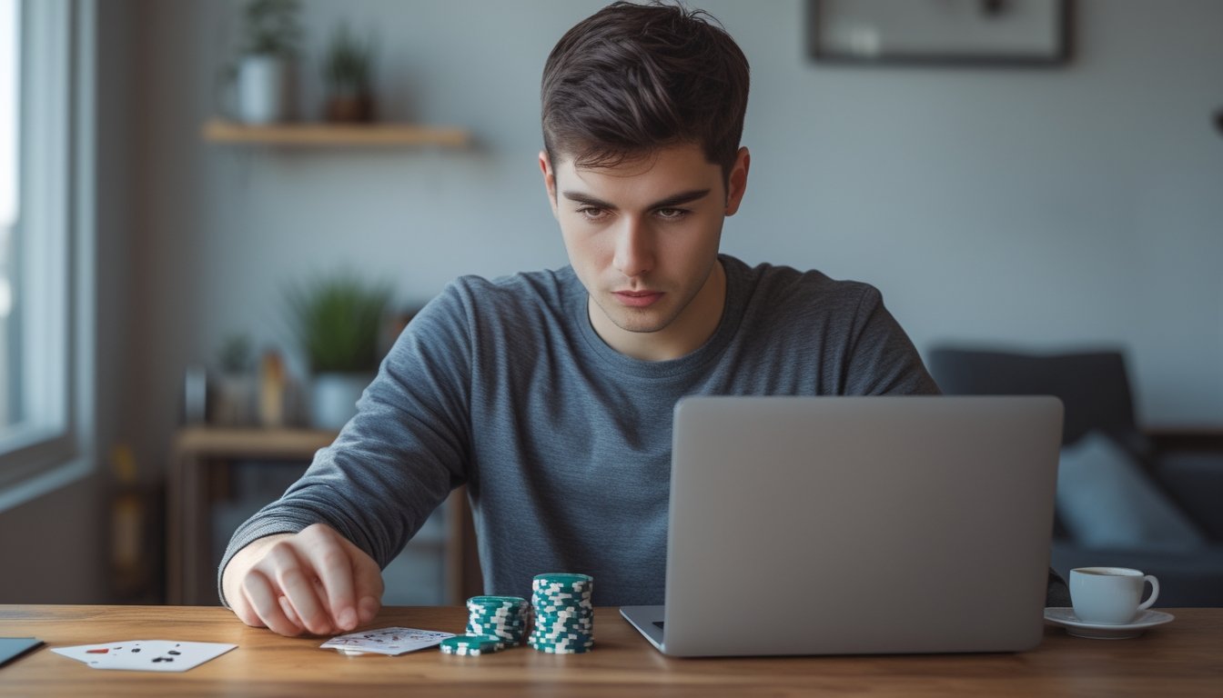Seorang pria muda fokus bermain poker Spin & Go secara online di laptop di ruang kerja rumah yang nyaman.