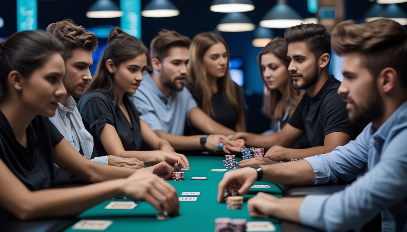 Sekelompok orang muda bermain poker dengan serius di meja poker hijau, dengan chip dan kartu di atas meja dalam ruangan poker modern.
