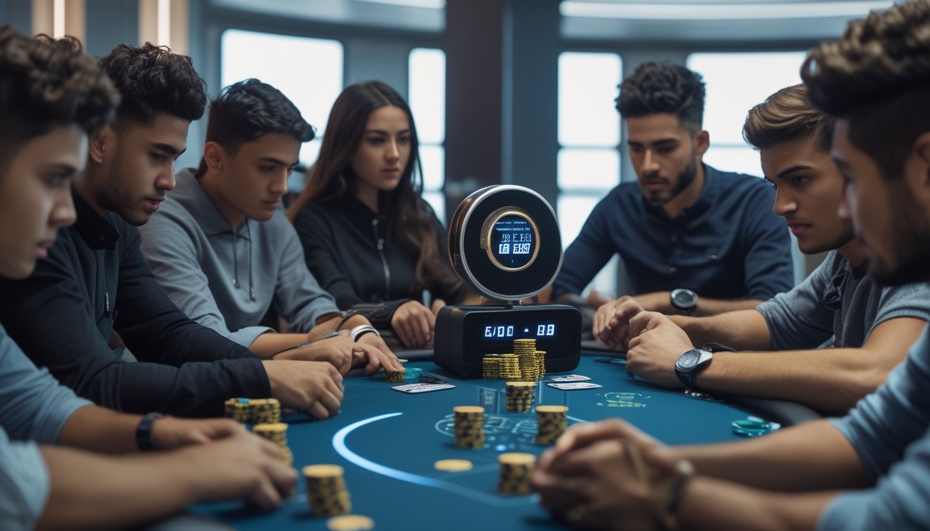Sekelompok orang muda sedang bermain poker di meja dengan chip dan kartu, fokus pada suasana permainan yang intens dan dinamis.