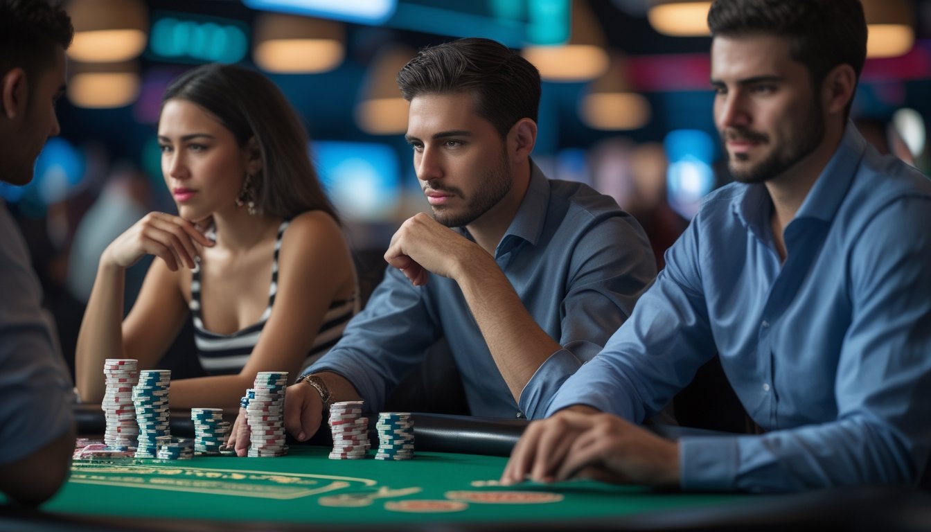 Tiga pemain poker sedang fokus bermain di meja kasino dengan chip dan kartu poker.
