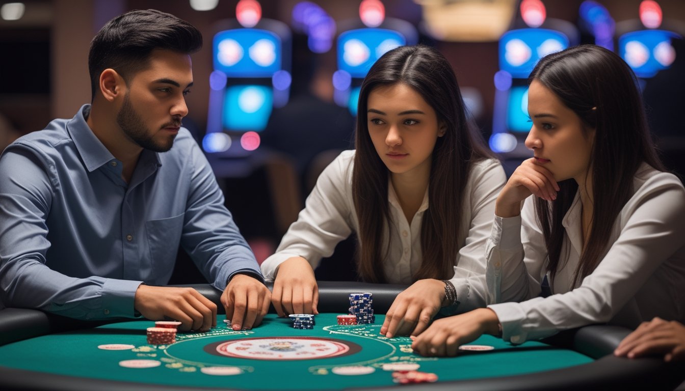 Tiga pemain poker duduk di meja hijau di kasino, fokus pada permainan Spin & Go dengan kartu dan chip di meja.
