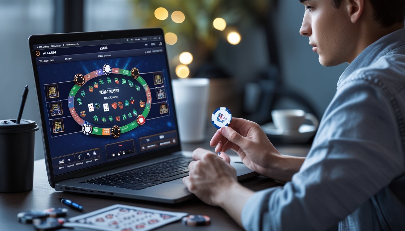 Seorang pemain poker fokus di depan laptop dengan chip poker dan kartu di meja, sedang mengelola bankroll dalam permainan poker online.