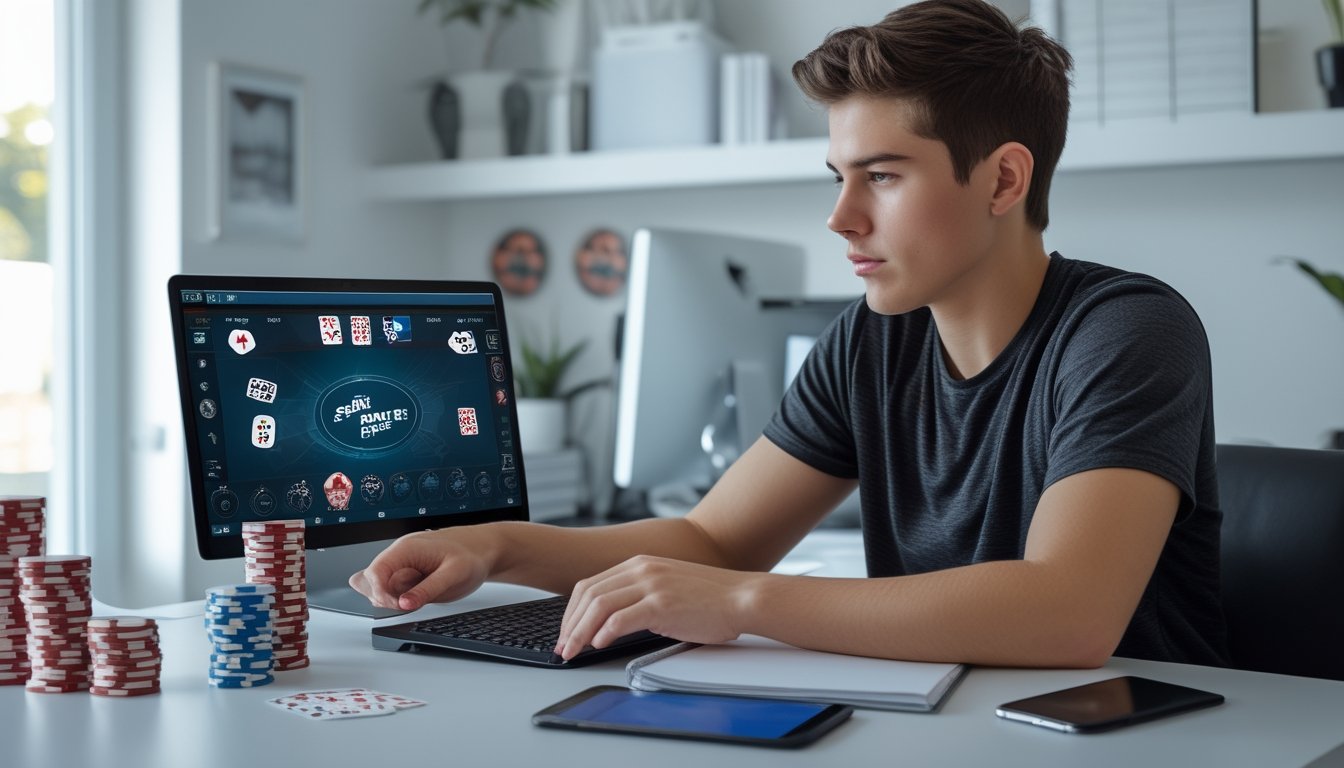 Seorang pemain poker muda fokus di depan laptop dengan tumpukan chip poker dan alat hitung di meja, di ruang kerja rumah yang rapi.