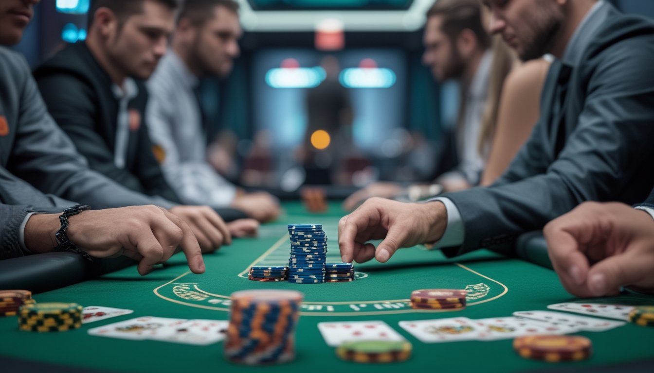 Seorang pemain poker fokus mendorong chip ke tengah meja poker di kasino.