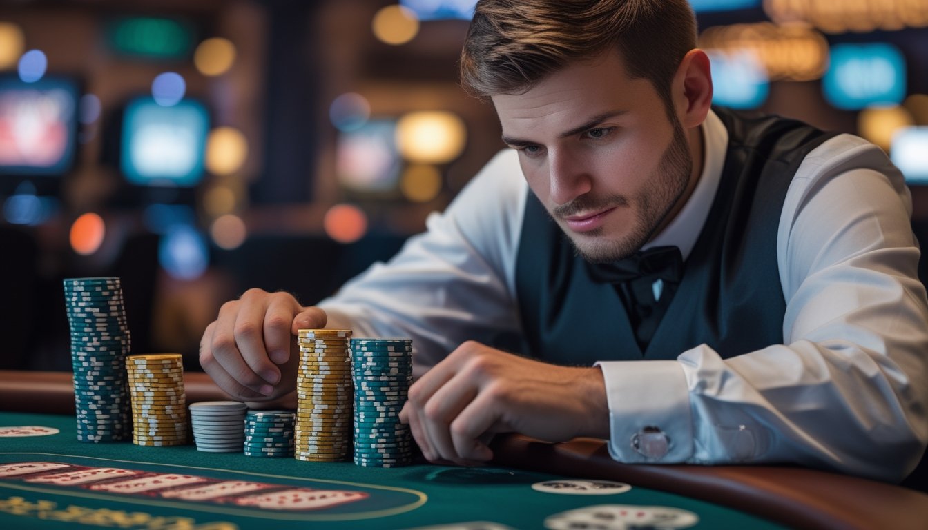 Seorang pemain poker fokus di meja kasino dengan chip dan kartu, sedang memikirkan langkah dalam permainan Spin & Go.