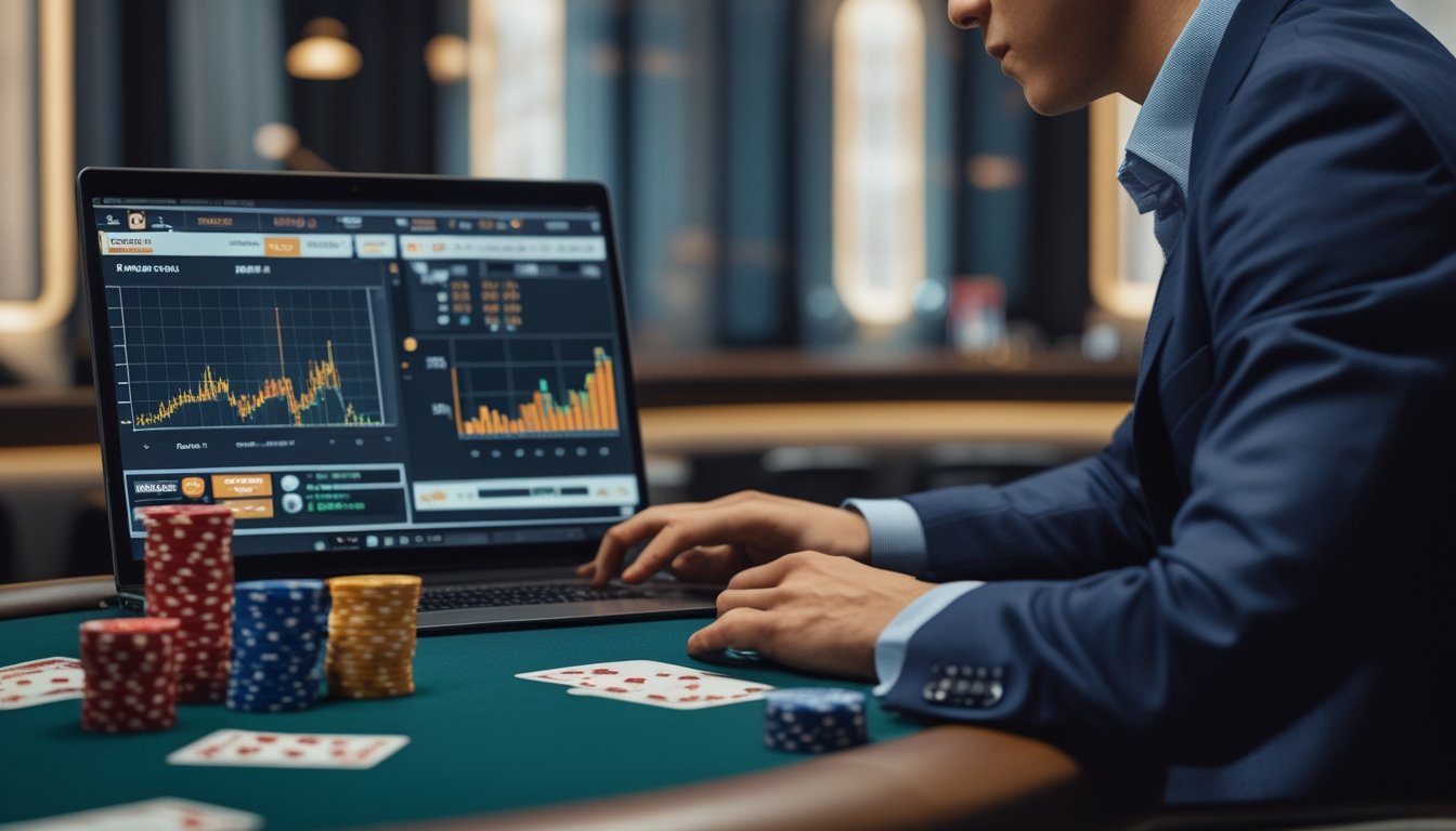 Seorang pemain poker serius duduk di meja poker dengan chip dan kartu, melihat layar laptop yang menampilkan grafik dan data statistik.