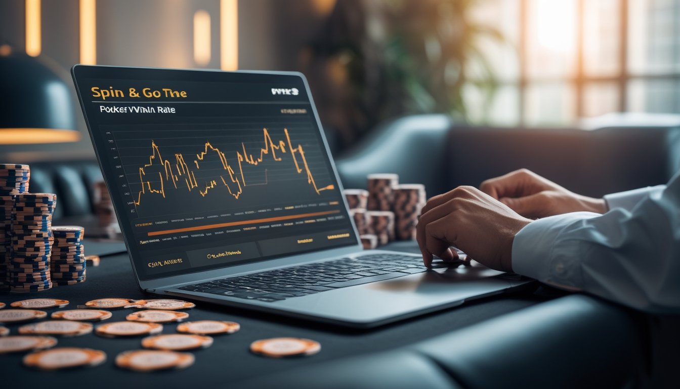 Seorang pemain poker sedang menganalisis data statistik di meja poker dengan chip dan kartu di depan mereka.