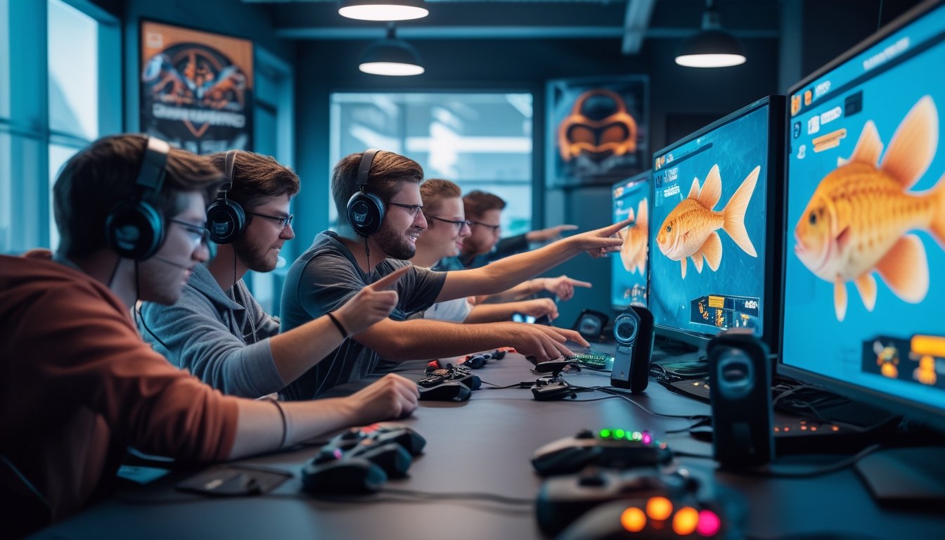 Sekelompok pemain game sedang bermain game tembak ikan secara multiplayer dengan fokus dan berkomunikasi dalam ruangan gaming modern.