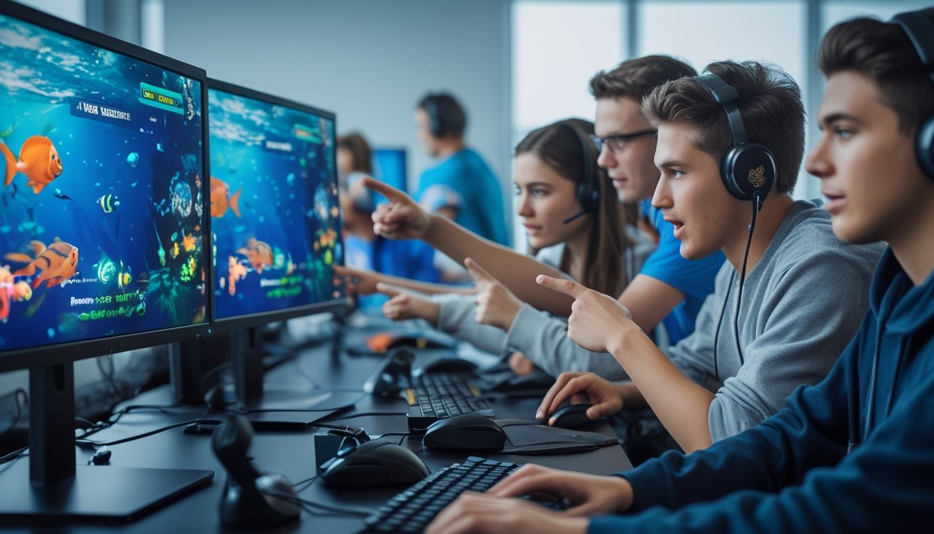 Sekelompok orang muda sedang bermain game tembak ikan di komputer, bekerja sama dengan serius dalam suasana ruangan modern.