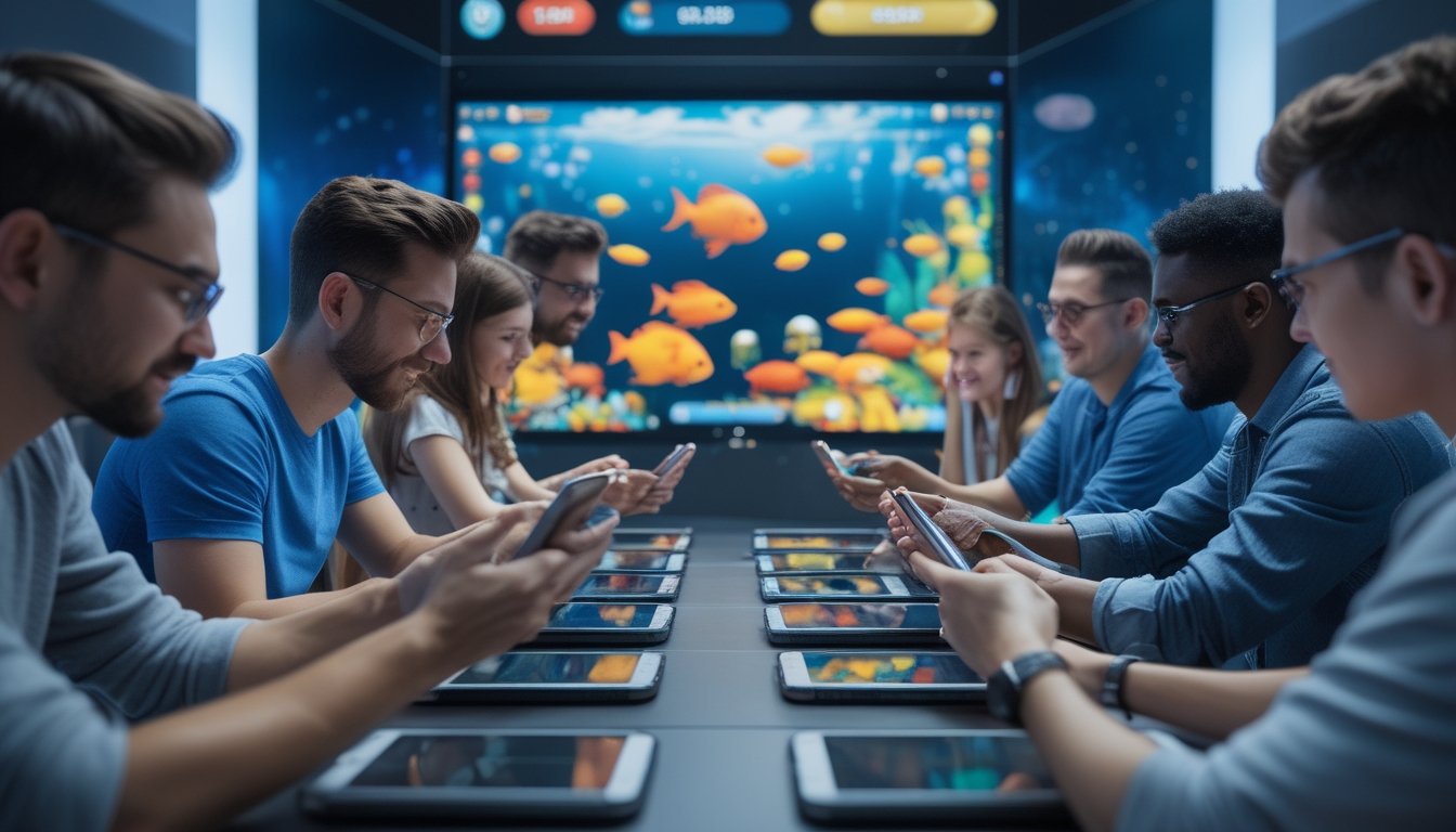 Beberapa orang bermain game tembak ikan secara online bersama di sebuah ruangan modern dengan layar besar yang menampilkan ikan-ikan berwarna-warni di bawah laut.