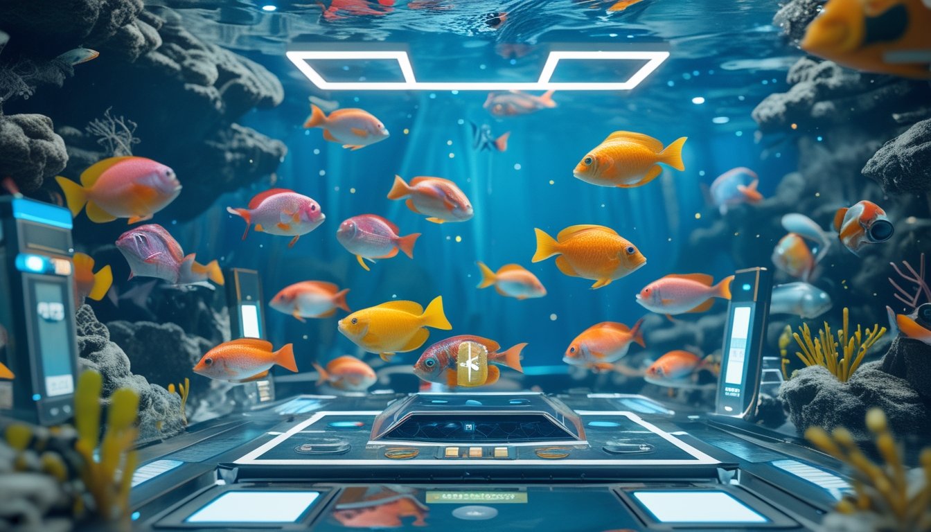 Adegan permainan tembak ikan multiplayer dengan ikan berwarna-warni di bawah laut dan antarmuka permainan yang menampilkan skor dan kontrol.