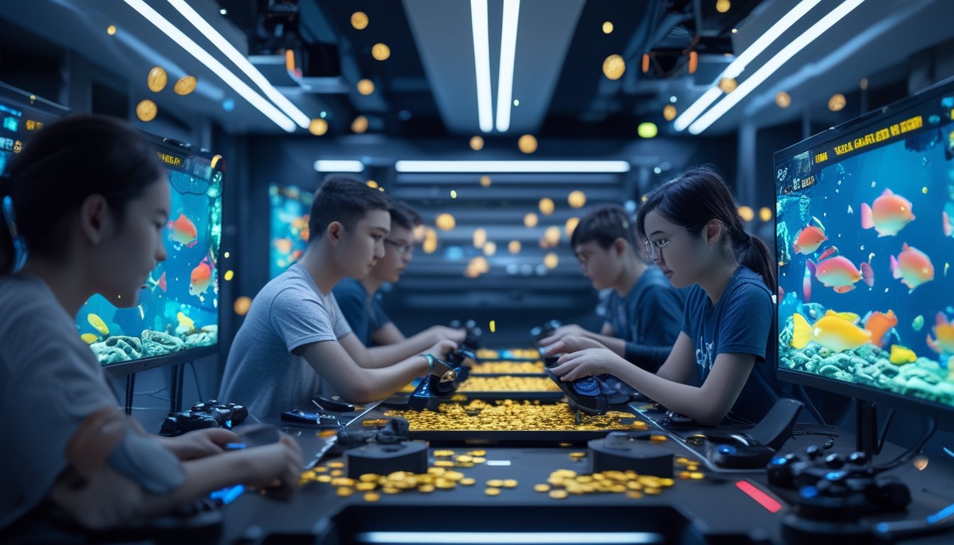 Beberapa pemain sedang bermain game tembak ikan multiplayer dengan layar menampilkan ikan warna-warni dan koin yang terkumpul.
