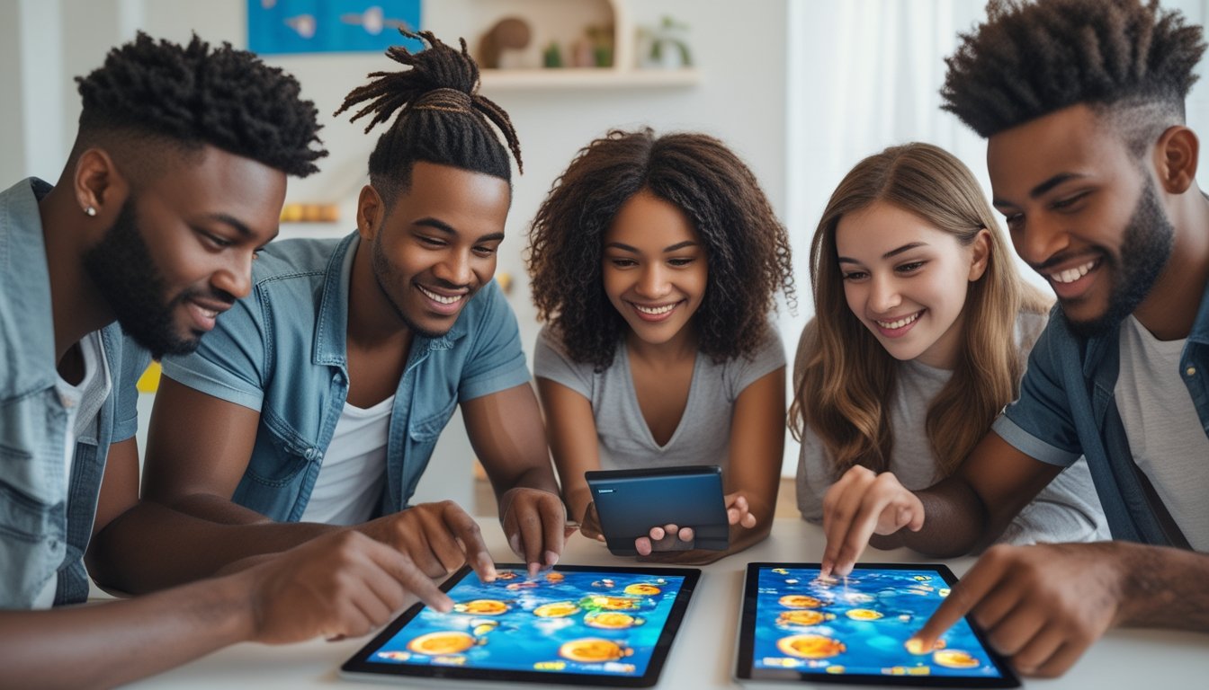 Sekelompok orang muda bermain game tembak ikan multiplayer menggunakan tablet dan ponsel di ruangan terang.