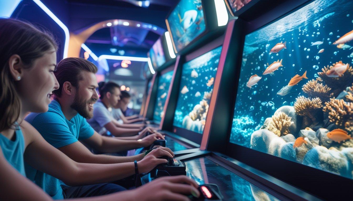 Beberapa orang bermain permainan tembak ikan multiplayer di depan layar besar dengan gambar ikan berwarna-warni di bawah laut.