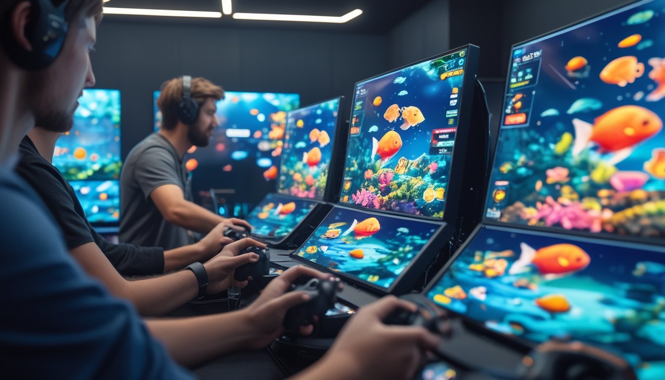 Beberapa orang sedang bermain permainan tembak ikan multiplayer di ruangan dengan layar dan perangkat game.