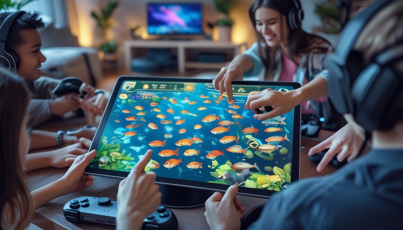 Beberapa orang bermain game menembak ikan secara bersama-sama menggunakan perangkat layar sentuh di sebuah ruangan yang nyaman.