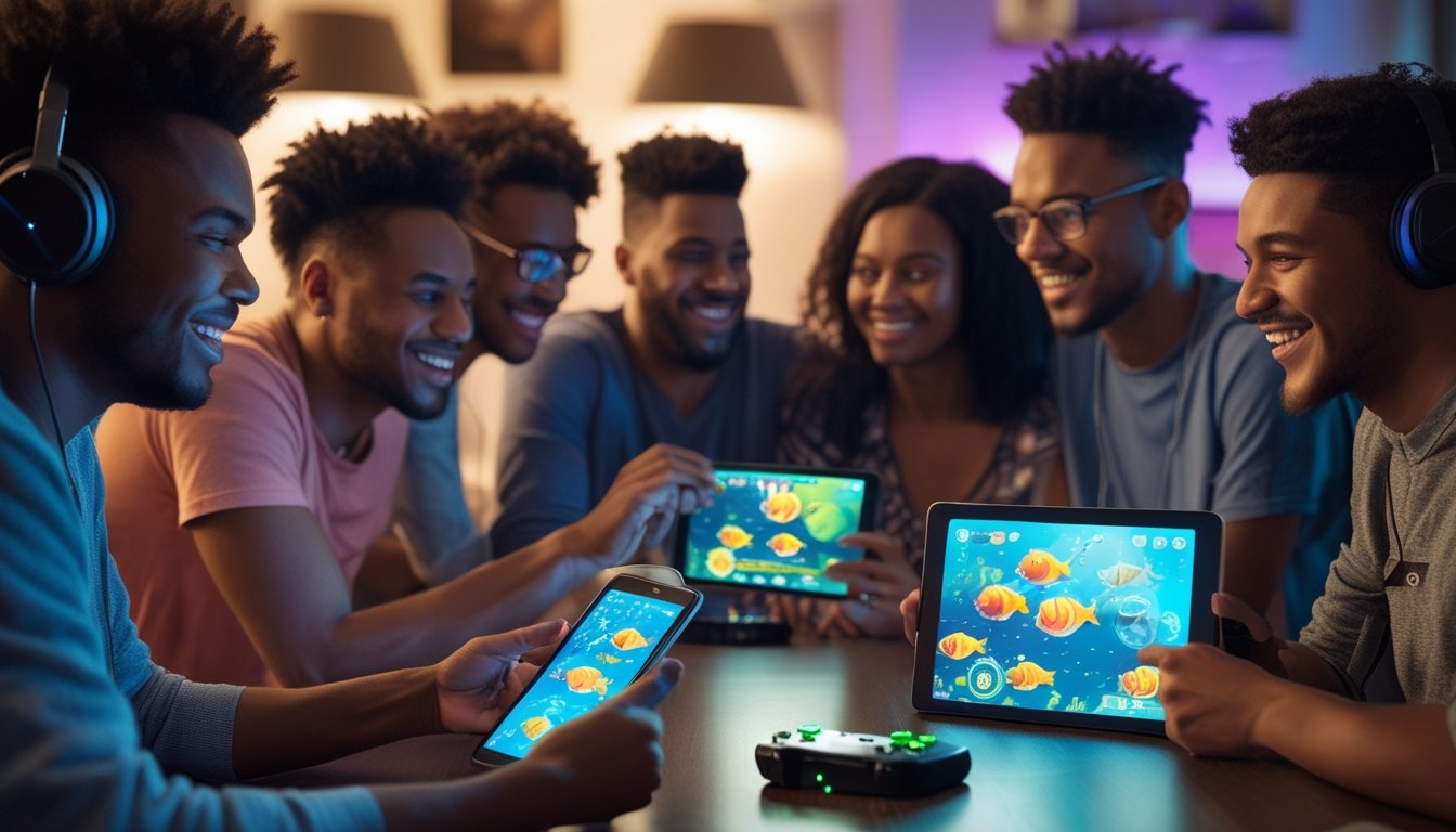 Sekelompok orang muda bermain game tembak ikan multiplayer bersama di ruang tamu yang nyaman, terlihat saling berinteraksi dan menikmati permainan.