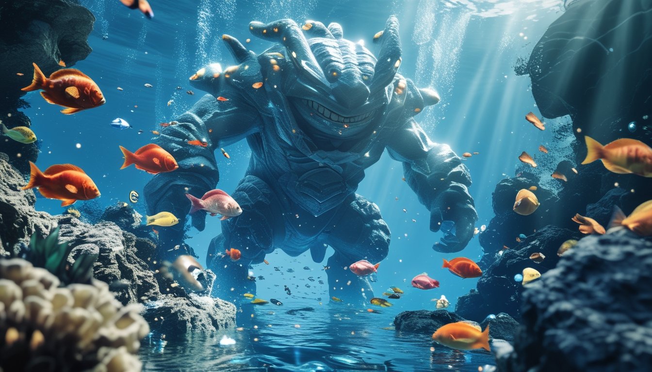 Pemandangan bawah laut dengan berbagai ikan berwarna-warni dan makhluk besar yang menonjol di latar belakang.