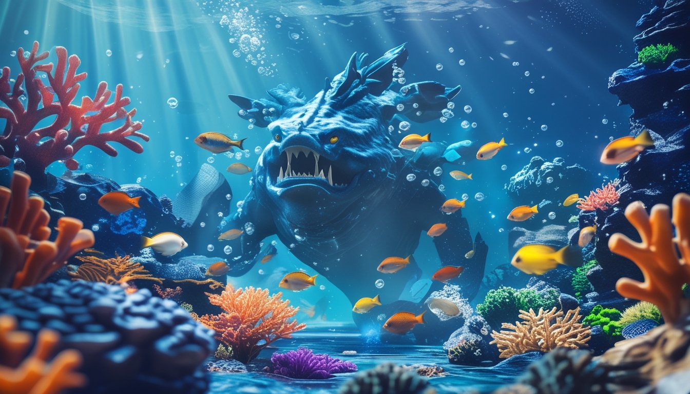Pemandangan bawah laut dengan terumbu karang berwarna-warni, ikan-ikan tropis berenang, dan makhluk laut besar yang tampak epik di latar belakang.