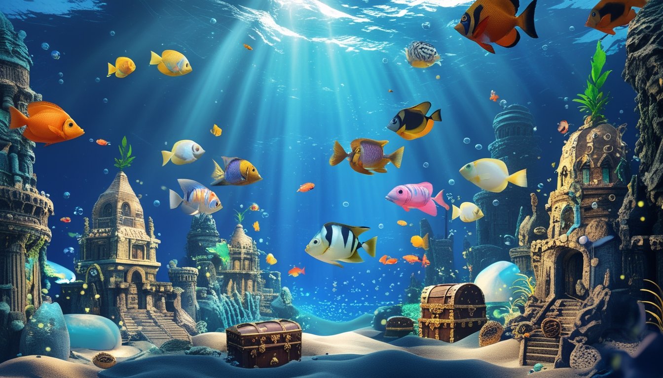 Pemandangan kerajaan bawah laut dengan ikan berwarna-warni berenang di sekitar kastil karang dan peti harta karun.