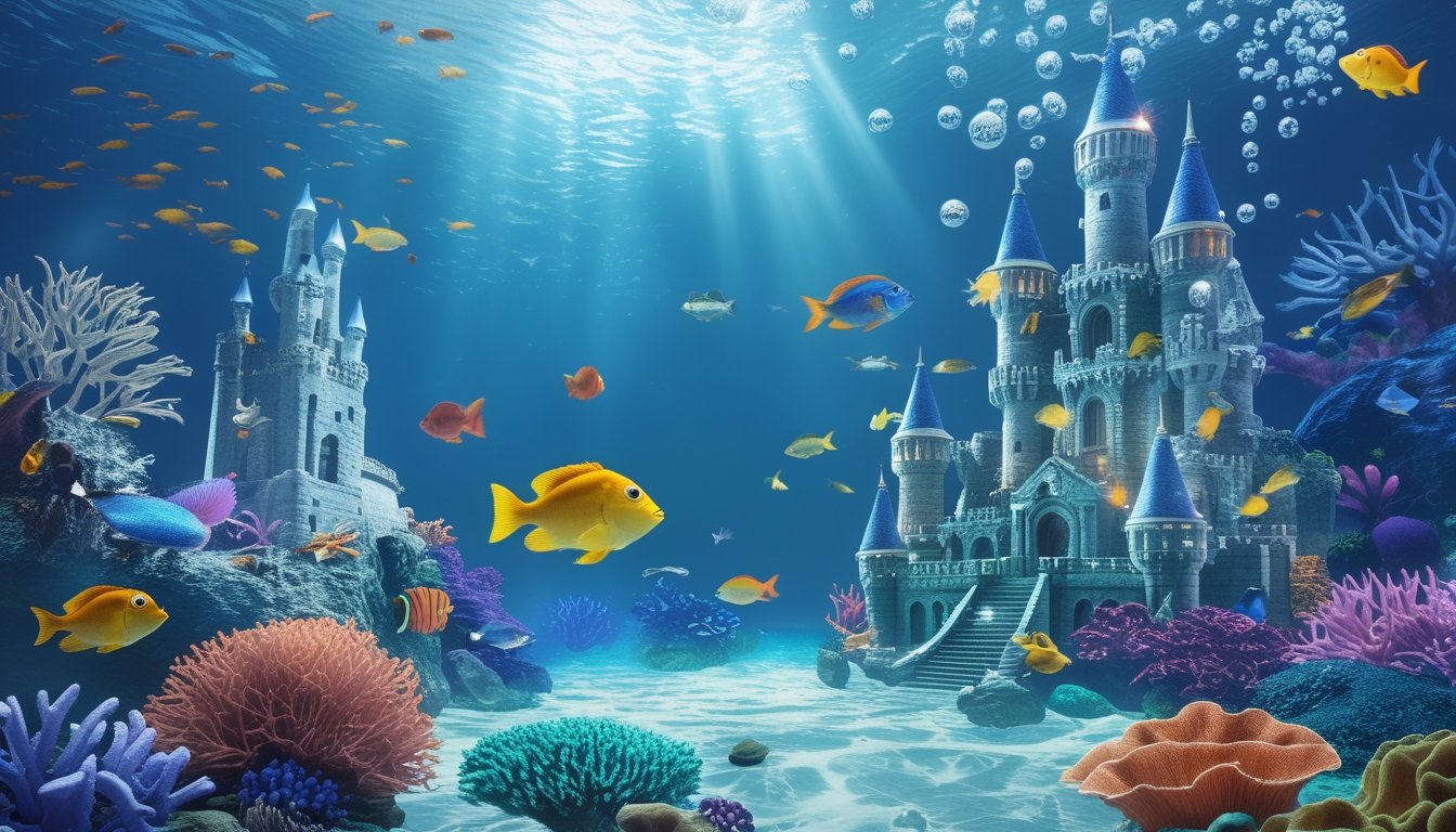 Pemandangan bawah laut dengan kerajaan dan berbagai ikan warna-warni yang hidup di sekitar terumbu karang.