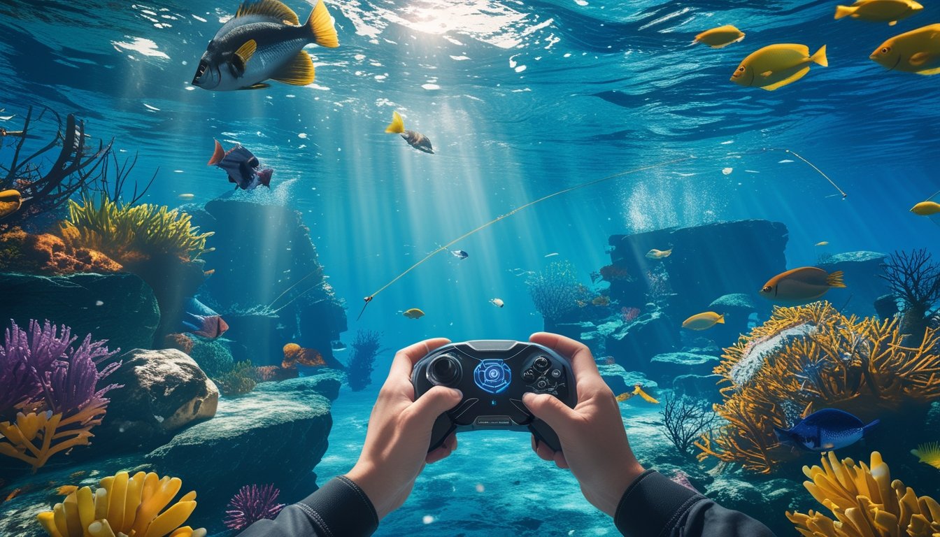 Seseorang bermain permainan tembak ikan bertema petualangan laut dengan latar bawah laut penuh ikan dan terumbu karang.