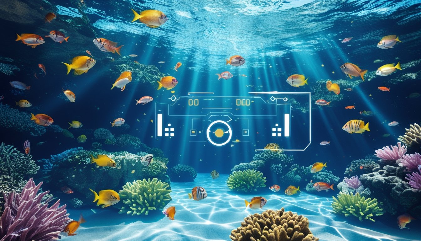 Pemandangan bawah laut dengan terumbu karang berwarna-warni dan ikan tropis yang berenang, menampilkan suasana petualangan laut.