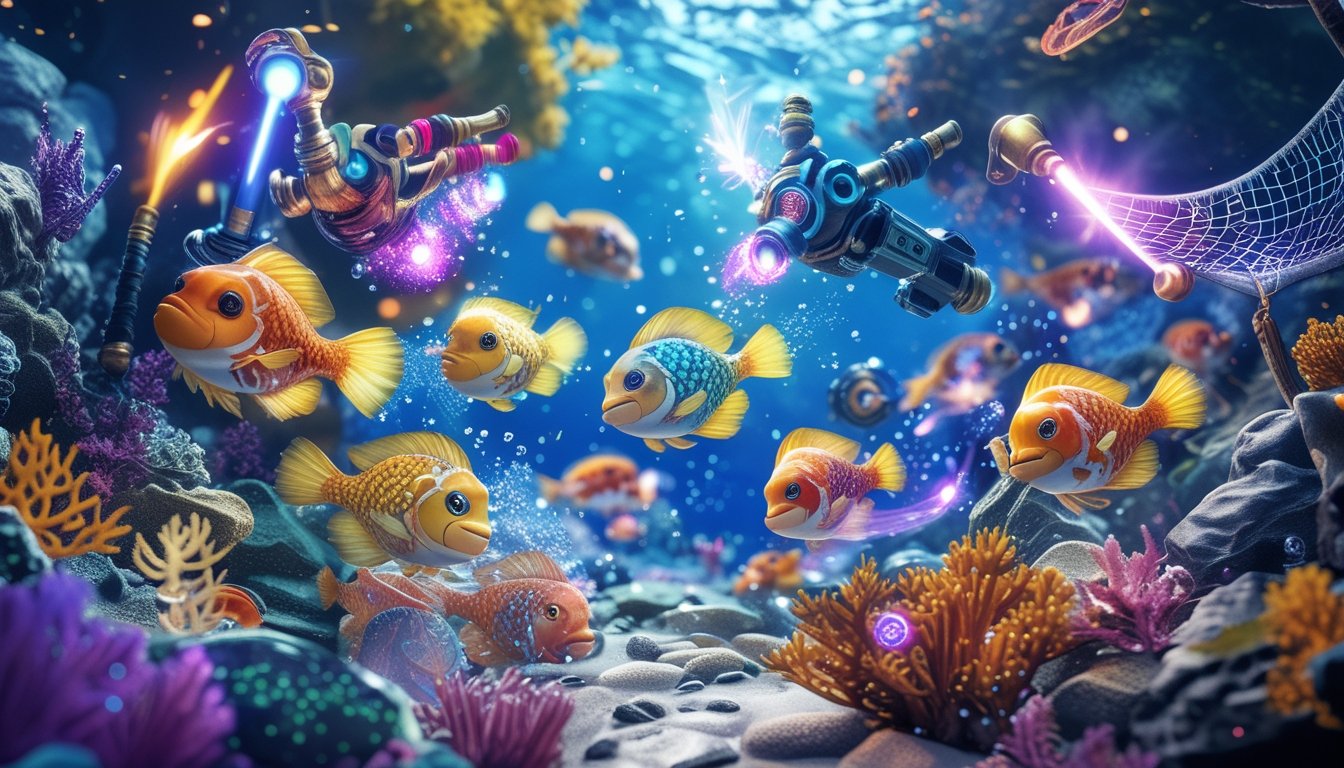 Adegan bawah laut dengan ikan-ikan fantasi berwarna-warni yang membawa senjata unik dalam permainan menembak ikan.