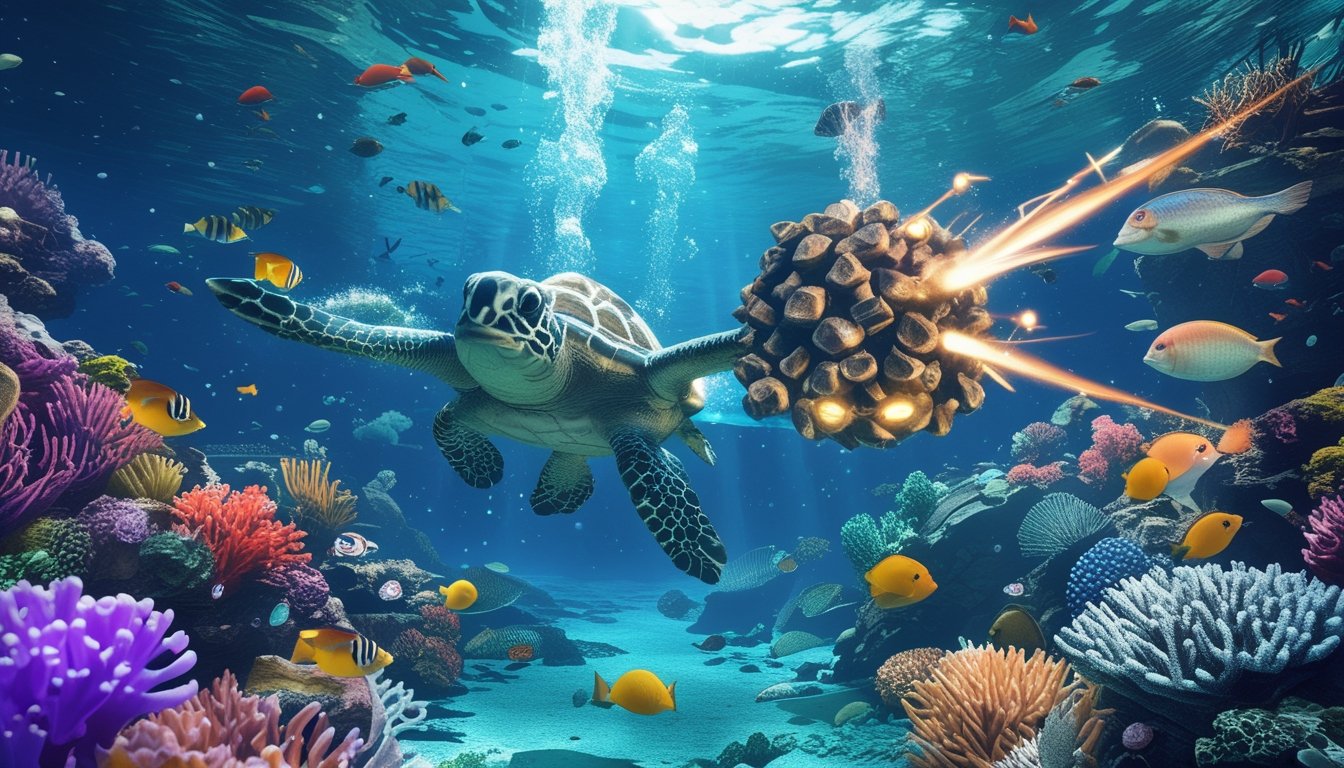 Pemandangan bawah laut dengan terumbu karang berwarna-warni dan berbagai ikan, menampilkan pertempuran antara karakter besar dan senjata dalam permainan tembak ikan.